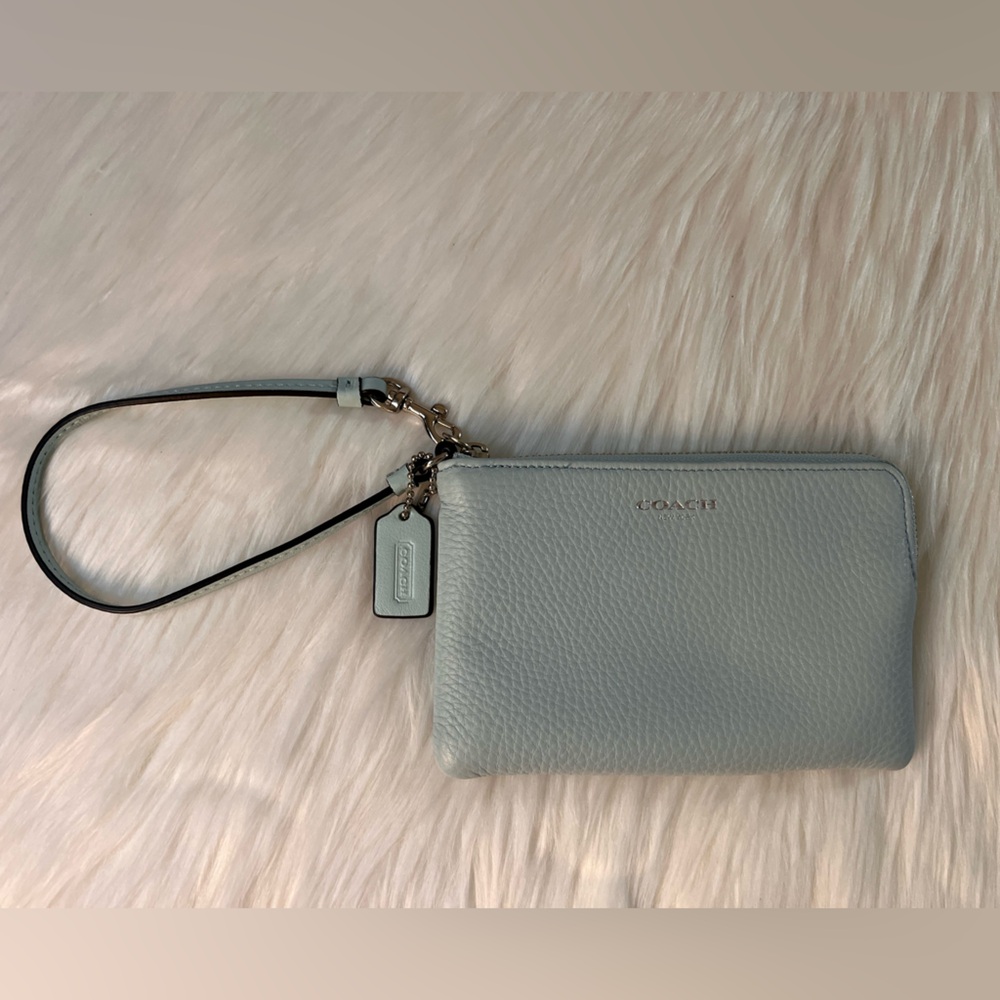 Coach Pebble Leather Wristlet In Baby Blue Color